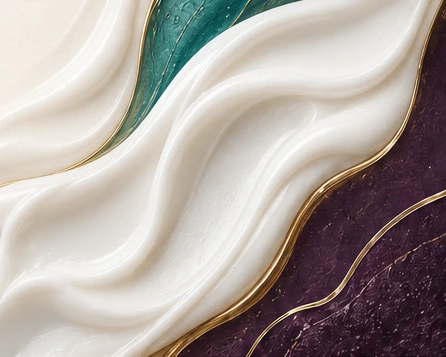 A sculptural texture of thick white lotion with teal and gold accents.